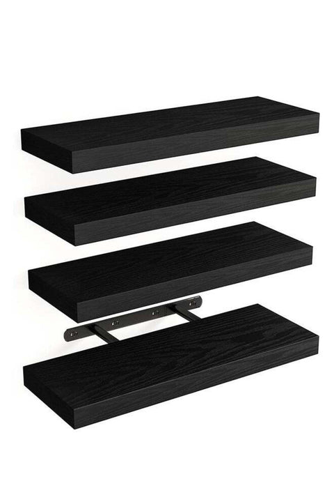 CozyNest Set of 4 black Rustic Floating Wall Shelves with Metal Brackets, Wood Wall-Mounted Storage for Bathroom, Bedroom, Kitchen, or Living Room Decor