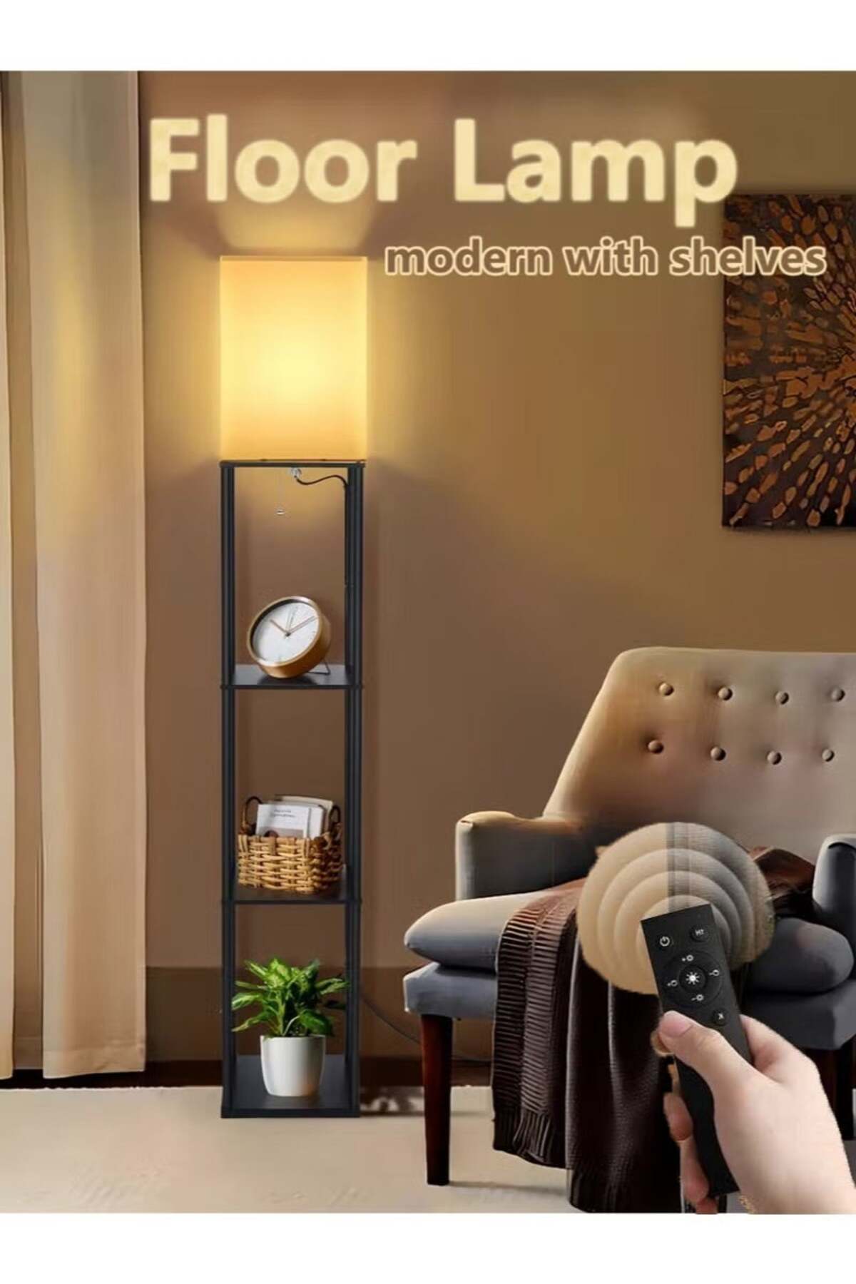 FUOE Floor-standing shelf lamp, warm lighting, 3-color LED, smart remote, wood grain, modern, black.