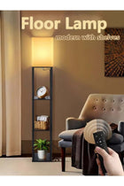 FUOE Floor-standing shelf lamp, warm lighting, 3-color LED, smart remote, wood grain, modern, black.