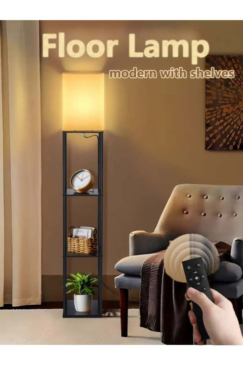 FUOE Floor-standing shelf lamp, warm lighting, 3-color LED, smart remote, wood grain, modern, black.