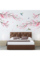 Pink Watercolor Cherry Blossom Wall Stickers - Tree Branch Flower Birds Wall Decals - Bedroom Living Room Sofa TV Background Home Wall Decor