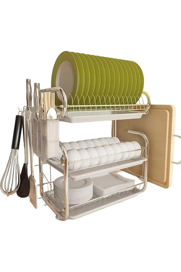 Dish Drainer Rack, 3 Tier Dish Drainer with Drip Tray and Drainer Mat with Utensil Holder – Space-Saving Countertop Dish Rack for Drying Plates, Bowls, Cups, and Cutlery(White)