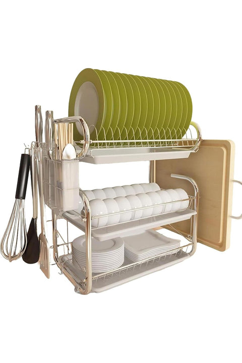Dish Drainer Rack, 3 Tier Dish Drainer with Drip Tray and Drainer Mat with Utensil Holder – Space-Saving Countertop Dish Rack for Drying Plates, Bowls, Cups, and Cutlery(White)