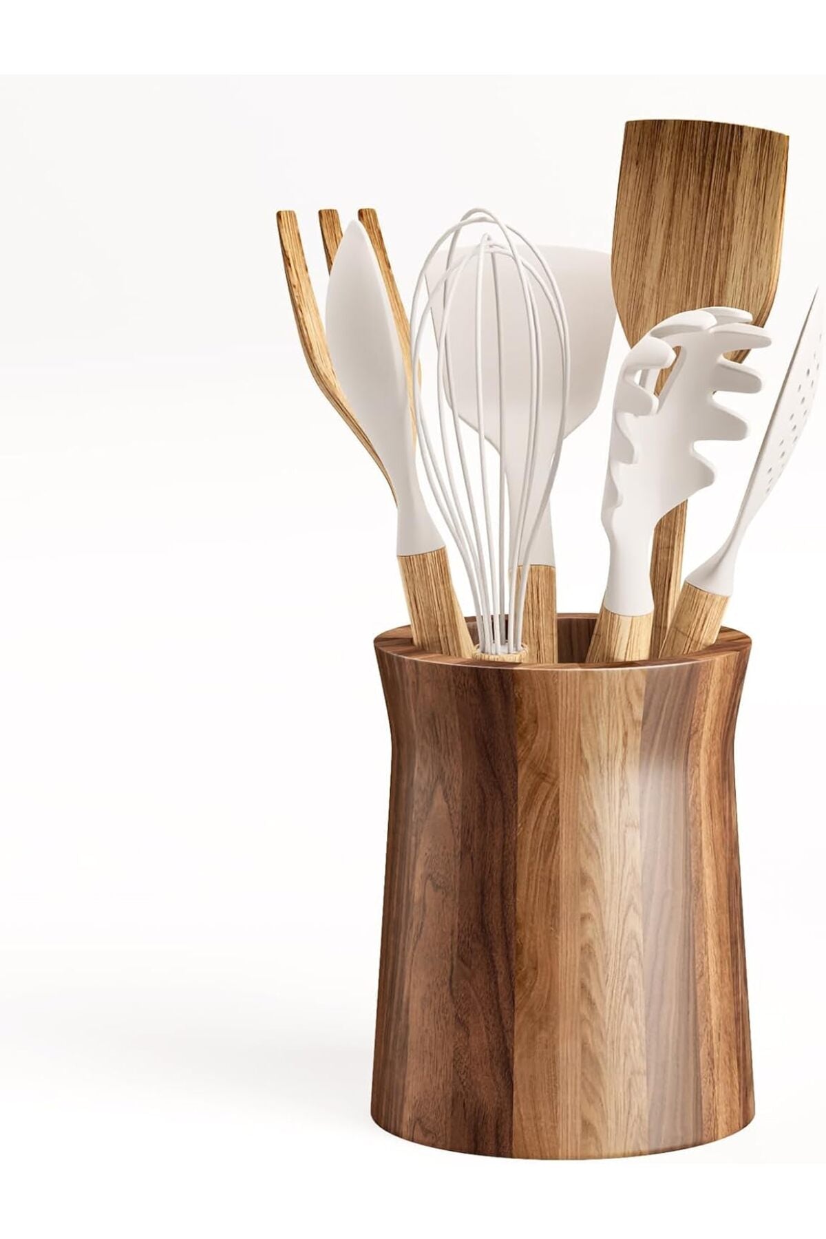 Utensil Organizer for Kitchen Countertop – Large Capacity 7.2" Holder with Acacia Wood Base, Elegant Matte Black Finish