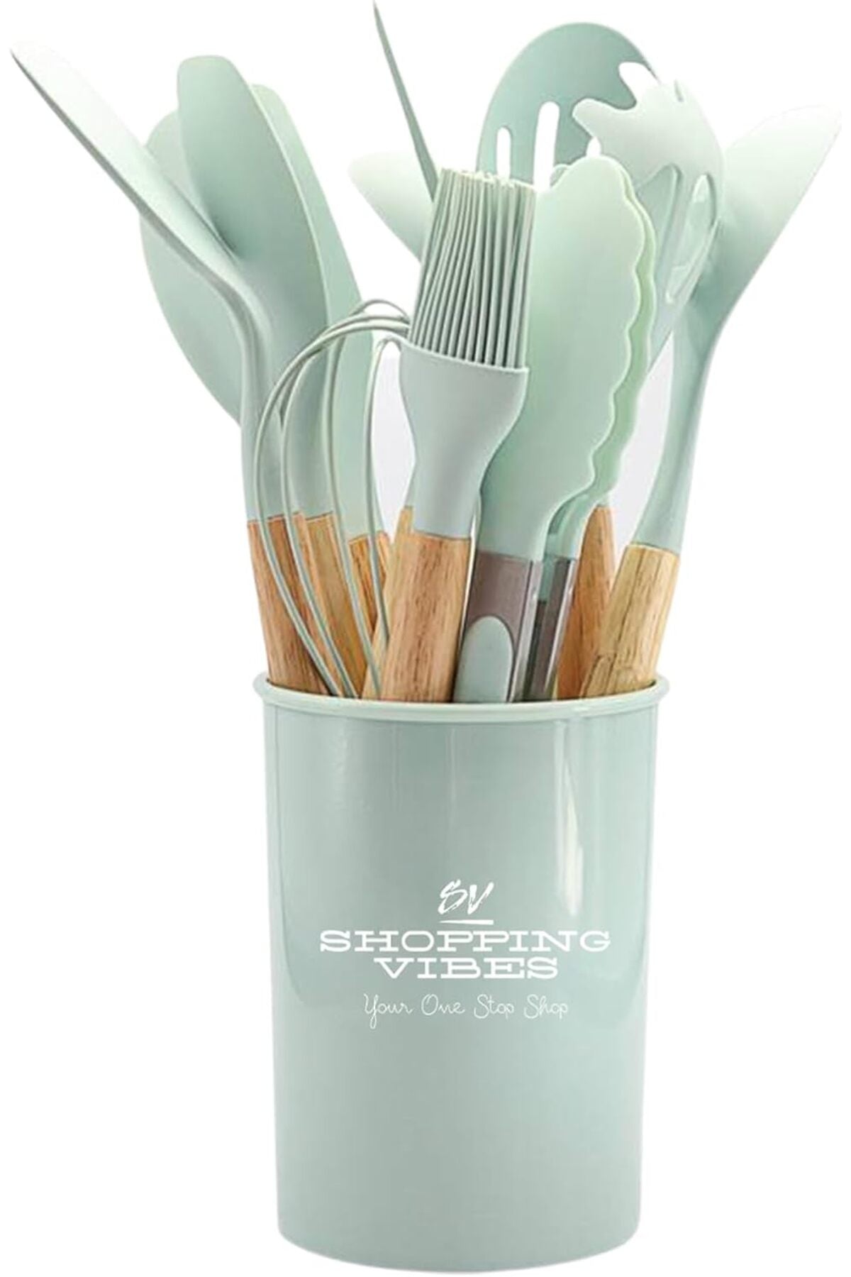 12PCS Kitchen Utensil Set Silicone Cooking Utensils Kit Spatula Heat Resistant Wooden Spoons Gadgets Tool for Non-Stick Cookware (Light Green)