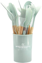 12PCS Kitchen Utensil Set Silicone Cooking Utensils Kit Spatula Heat Resistant Wooden Spoons Gadgets Tool for Non-Stick Cookware (Light Green)