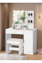 Bedroom Makeup Dressing Table with 1 Drawer, 1 Cabinet and 2 Separate Storage Shelves, 3 Lighting Modes and Adjustable Brightness, 90*40*137CM (Does Not Include Dressing Stool)
