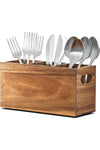 Acacia Wood Utensil Holder, 3 Compartments with Handles, Rustic Cutlery Organizer Caddy for Kitchen, Party
