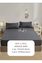 Fitted bed sheet 90*200+30 cm with 2 pillow covers, set of 3 pieces, plain black color.