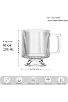 Ribbed Glass Coffee Mug Set, 10 oz Clear Glass Cups with Handle, Modern Vertical Stripe Design (4 PCS)