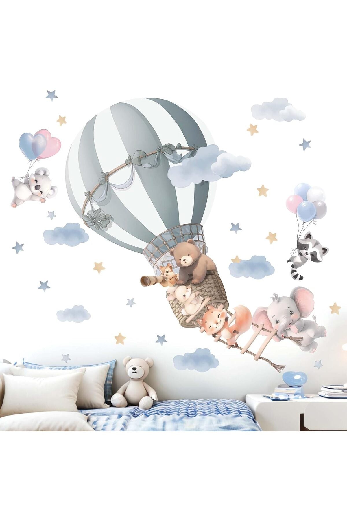 Animals Balloon Wall Stickers for Nursery: Baby Girls Kids Boys Bedroom Wall Decals - Hot Air Balloon Elephant Deer Fox Koala Rabbit