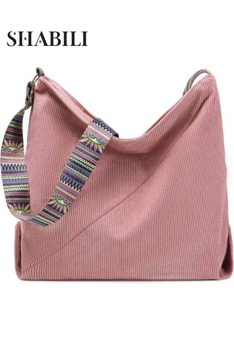 Women Large-Capacity Corduroy Tote Cross Bags Hobo Shoulder Bag, Ladies Rose-Pink Sling Crossbody Satchel with Boho Adjustable Strap, Fashion Handbag for Daily Shopping Travel