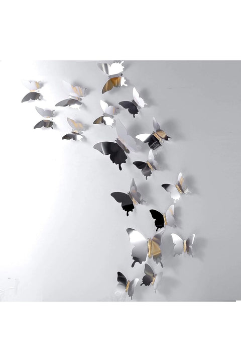 48pcs 3D Butterfly Wall Stickers, Silver Mirror Design, Modern Style, PET Material, Wall Decor