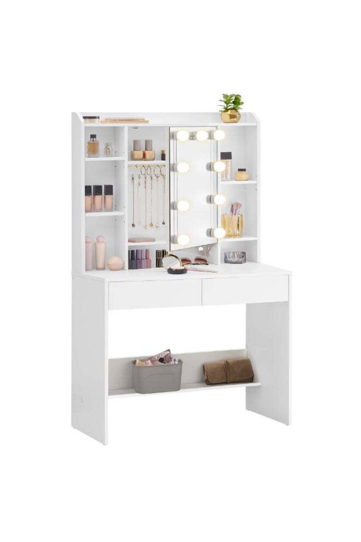 Dressing Table with LED Lights, 9 Bulbs, 3 Light Colours, Adjustable Brightness, Vanity Desk with Mirror, Adjustable Shelves, 2 Drawers, Makeup Desk, Modern White
