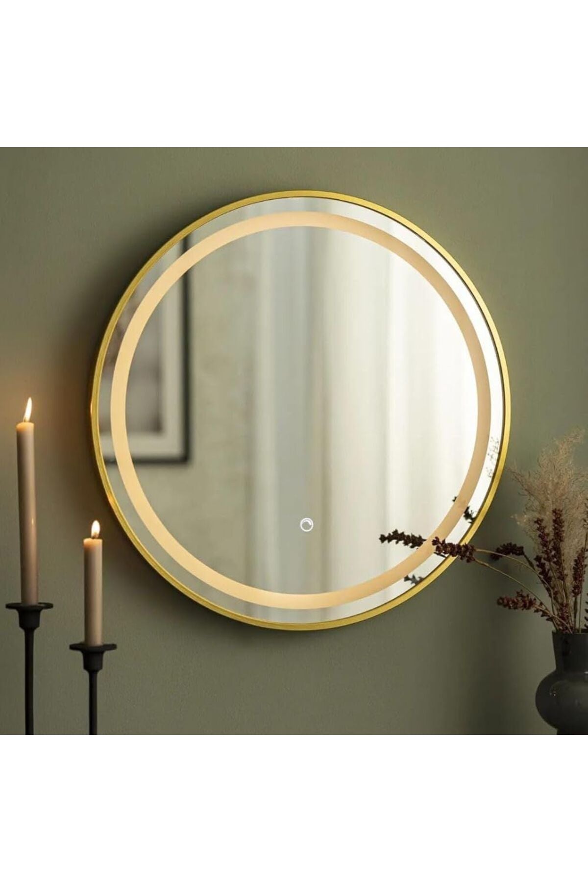 Lumina Round LED Wall Mirror 90×90 cm, Gold Metal Frame, Touch Sensor, Anti-Fog Lighted Bathroom Mirror, Decorative Wall Mounted Makeup Vanity Mirror