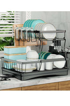 Large Dish Drying Rack for Kitchen Counter, Detachable Large Capacity Dish Drainer Organizer with Utensil Holder, 2-Tier Dish Drying Rack with Drain Board - Black