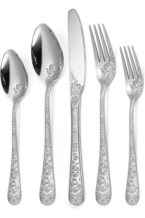 20 Pcs Vintage Carved Floral Silverware Set for 4, Stainless Steel, Dishwasher Safe