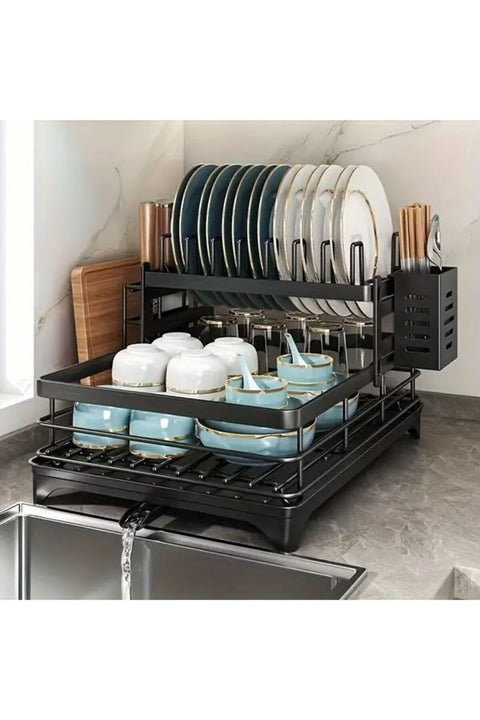 Black Dish Rack Foldable 2 Tier Drying Rack With Cutlery Holder And Cup Hooks