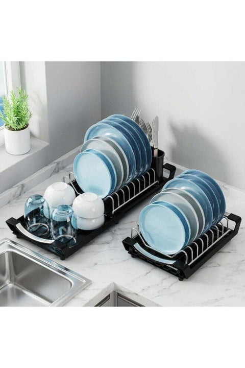 Expandable Stainless Dish Rack Retractable Plate Washing Drying Rack With Utensil Holder And Drainage Tray Portable Foldable Dish Storage Drainage Rack Suit For Any Home Kitchen Rental Condo