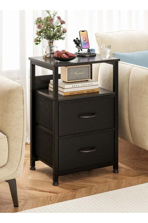 3-Tier Nightstand Side Table with 2 Fabric Drawers Home Bedside Table End Coffee Table for Bedroom 45*30*73cm Black
