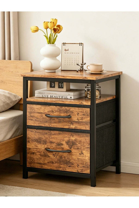 Modern open-top open-shelf bedside table with brown frame and MDF panel for waterproof and wear-resistant construction, featuring double-layer fabric drawers in bedroom furniture
