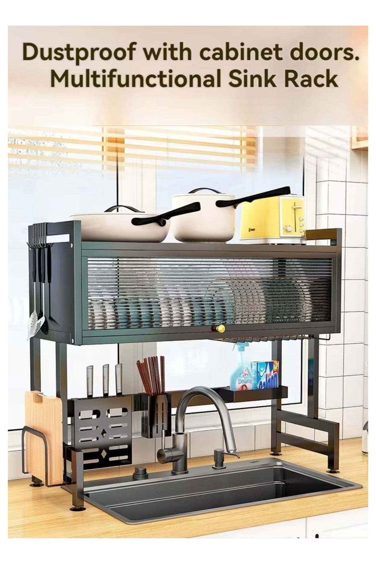 Heavy Duty Over The Sink Dish Drying, 3 Tier Metal Over The Counter Dish Drying Rack with Dust-Proof Cabinet, Height Large Drainer with Utensil Holder for Kitchen