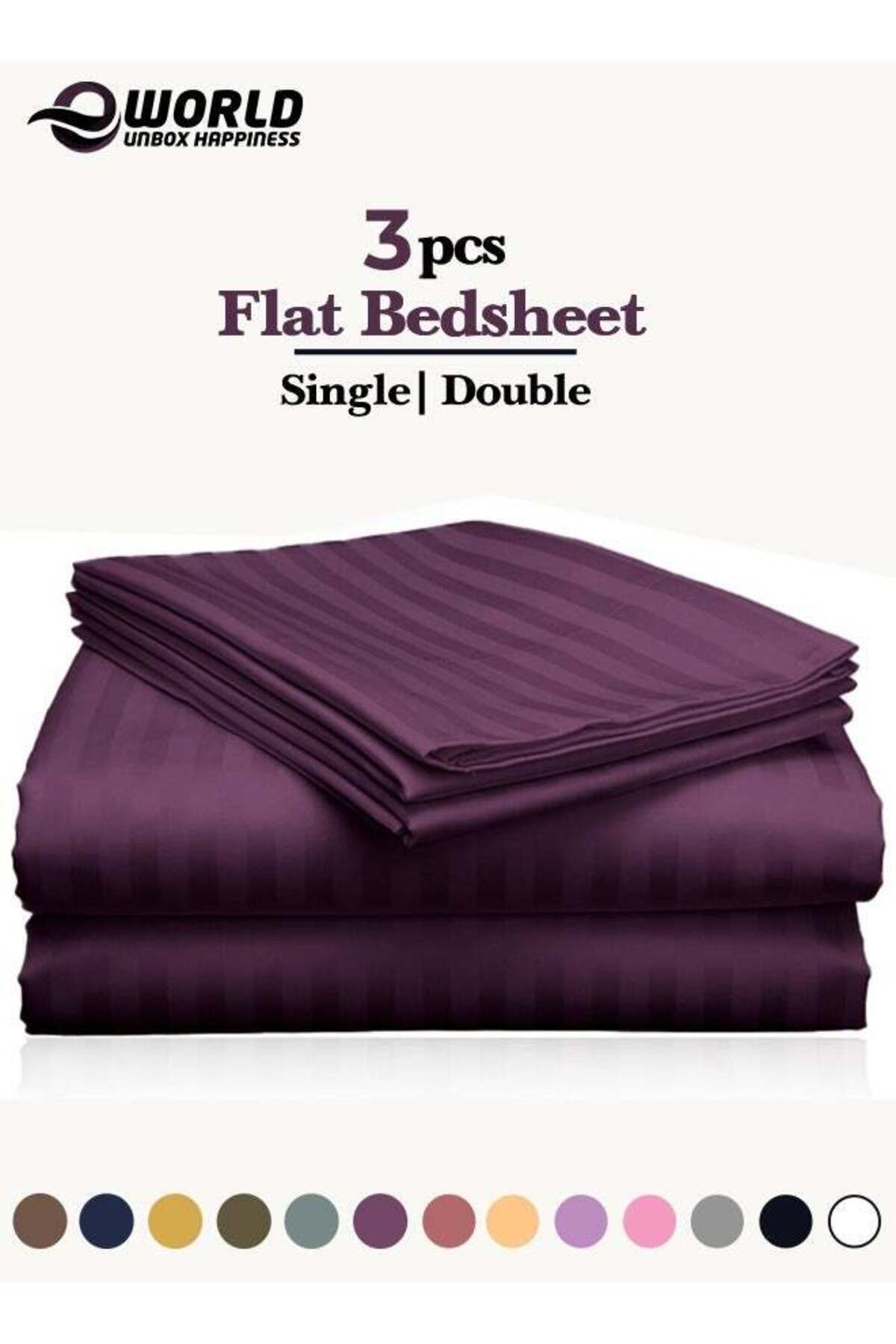 3 Piece Luxury Purple Striped Bed Sheet Set with 1 Flat Sheet and 2 Pillowcases for Hotel and Home