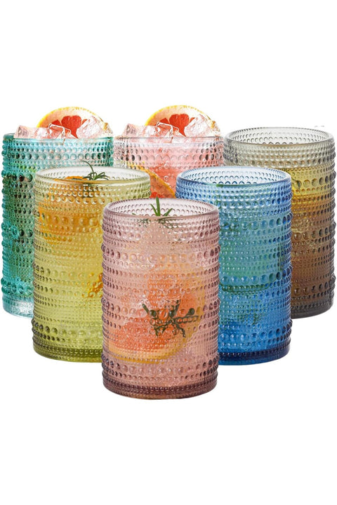 Colored Hobnail Drinking Glasses Set of 6,Embossed Beaded Glass Cups,450ml,Vintage Kitchen Glassware,Water Tumbler for Juice and Various Mixed Drinks