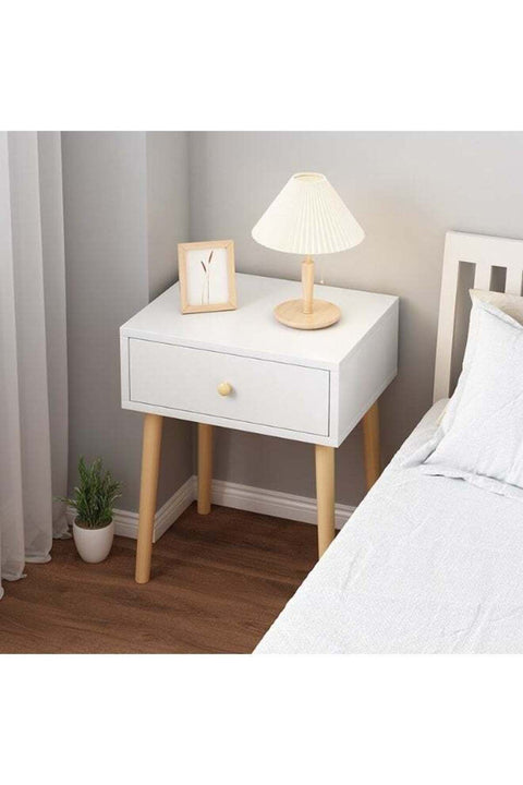 Modern White Bedside Table with Wooden Legs, 40 x 30 x 55 cm, Stylish Nightstand with Spacious Drawer, Compact Bedroom Storage Cabinet, Elegant Side Table for Bedroom, Living Room, Office
