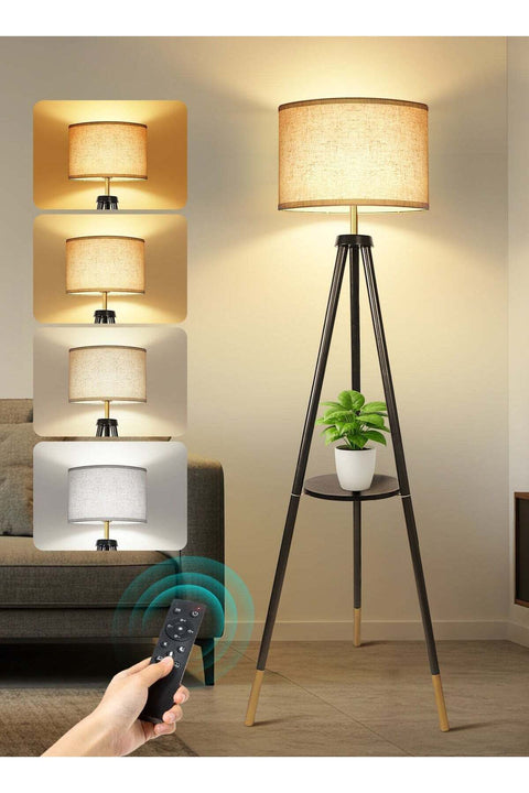 Solid Wooden Tripod Floor Lamp, 12W LED Bulb, Remote, Dimmable, 4 Color Temps, Timer, Shelf, Black