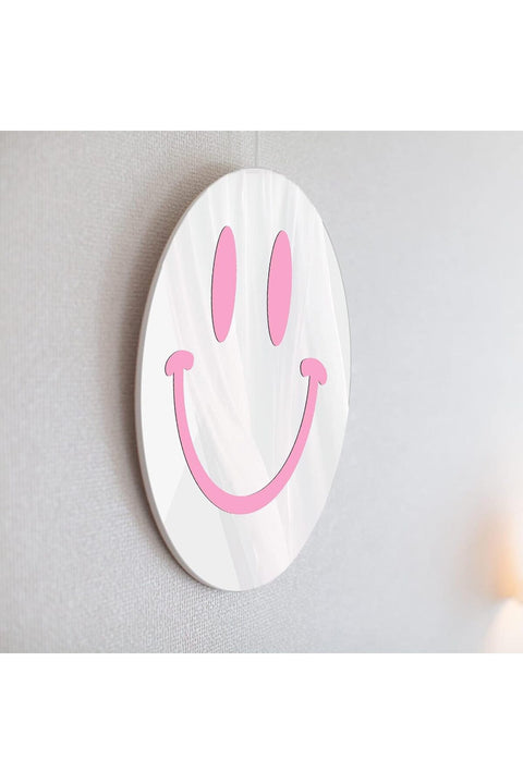 11.8" Pink Acrylic Smiley Face Mirror - Round Wall-Mounted Decor for Living Room, Bedroom, and Bathroom