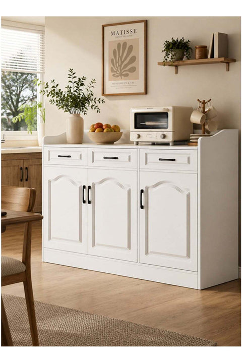 White Kitchen Sideboard Cabinet with 3 Drawers & 3 Door Storage | Modern Buffet Console Table for Dining Room & Kitchen
