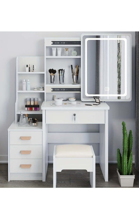 Makeup Vanity Desk with Mirror & Lights, Vanity Table and Chair Set with 4 Drawers & Hidden Storage Shelves, Dressing Table for Bedroom, Women Girls Gift (White, SZZ008LED)