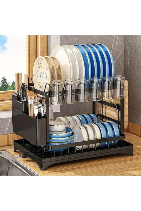Dish Drying Rack, 2 Tier Large Dish Drying Rack for Kitchen Counter with Drainboard Stainless Steel Dish Drainer for Dish/Knifes/Cup/Cutting Board, Black