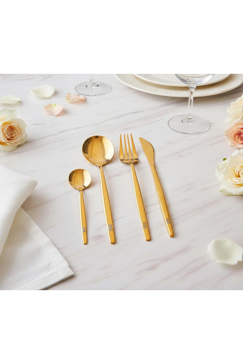 YAH Luxury 24-Piece Golden Stainless Steel Cutlery Set, Spoon Fork Knife Flatware for 6, Mirror Polished, Dishwasher Safe in a Unique Gift Box. (Modern)