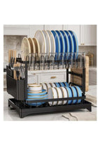Dish Drying Rack 2 Tier Automatic Drainage Rotating Spout Kitchen Counter Organizer Large Capacity Plate Bowl Cup Storage Cutlery Caddy Drainboard Space Saving Black