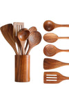 SKY-TOUCH Wooden Kitchen Utensils Set, 6 Pcs Wooden Utensils for Cooking with Utensil Holder