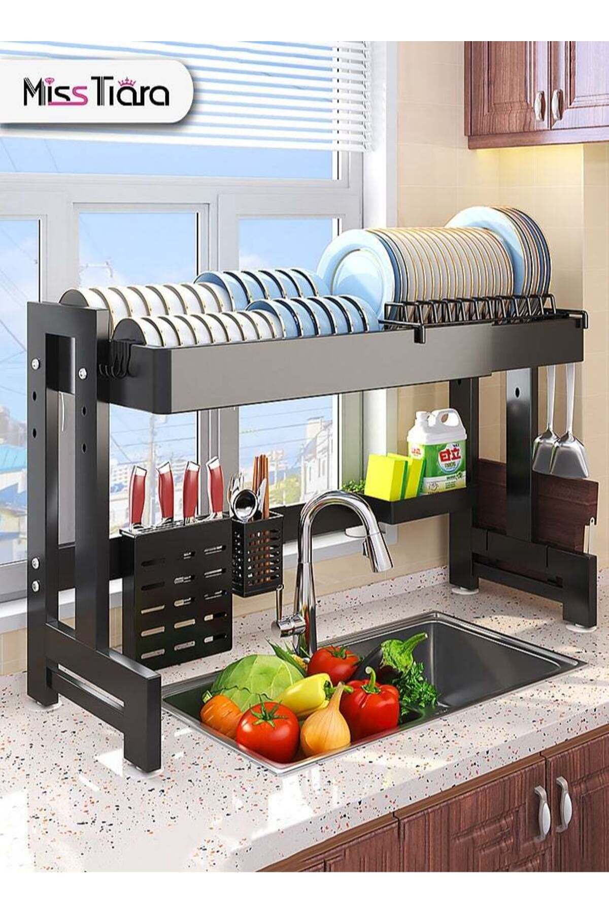 Dish Rack,64-100 CM Length Adjustable Over The Sink Dish Rack Extra Heavy Duty Adjustable Length and Height Large Dish Drying Stand Drainer with Utensil Holder for Kitchen Countertop Organiz