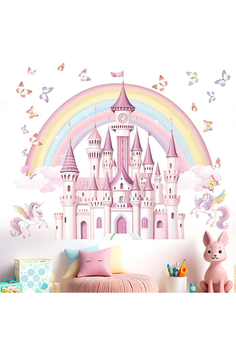 Rainbow Castle Wall Stickers for Girls: Peel and Stick Unicorn Fairy Tale Butterfly Cloud Unicornio Wall Decals - Wall Decor Art Kids Supplies Ages 1-12 Year