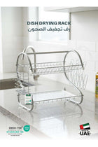 Rustproof Stainless Steel 2 Tier Dish Drying Rack, Dish Rack with Stable Footpad, Utensil & Cup Holders, Automatic Drainage Drainboard Large Capacity for Small Kitchen Silver