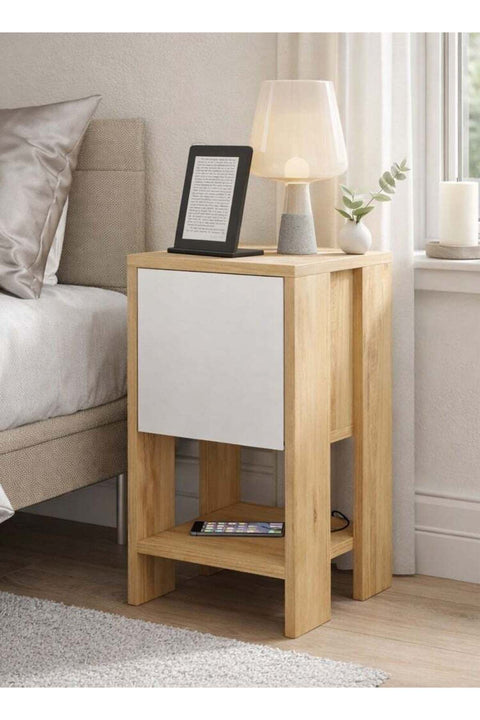 Modern Nightstand Bedside Table With Storage Cabinet | Multifunctional Sofa Side Table For Bedroom Living Room | 30X55X30Cm | OakWhite