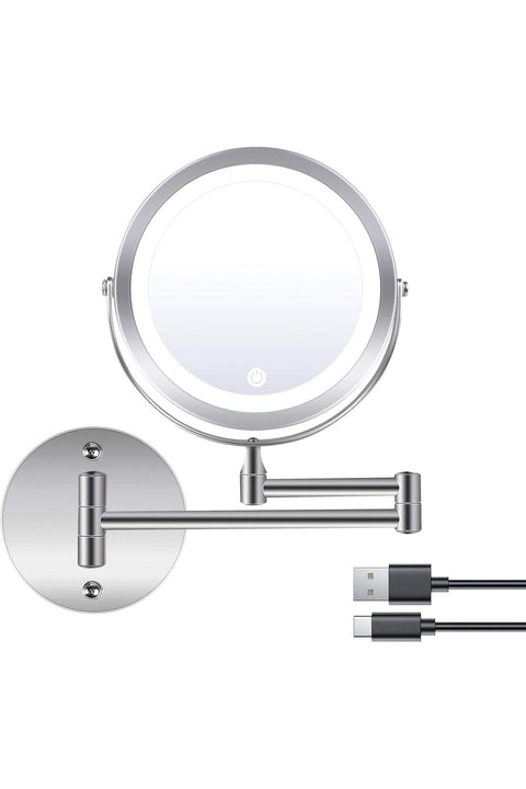 Wall Mounted Lighted Makeup Mirror, Rechargeable 8 inches Bathroom Mirror, 360° Rotation Extendable Double-Sided 1X/10X Magnifying LED Vanity Mirror, with 3 Color Lighting/Touch Screen Dimming