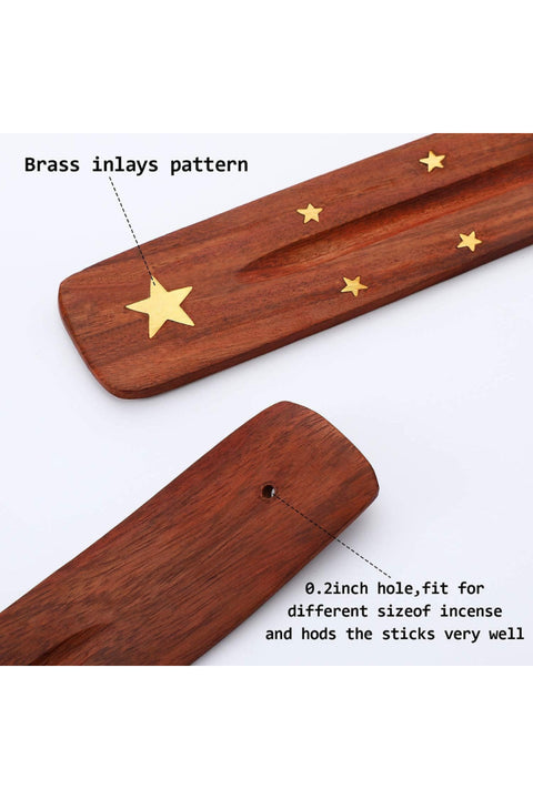 4 Pieces Wooden Incense Holder Handmade Wooden Incense Stick Holder Wood Incense Burner Ash Catcher of Brass Yin and Yang, Crescent Moon, Stars, Elephant,10 Inches,4 random styles