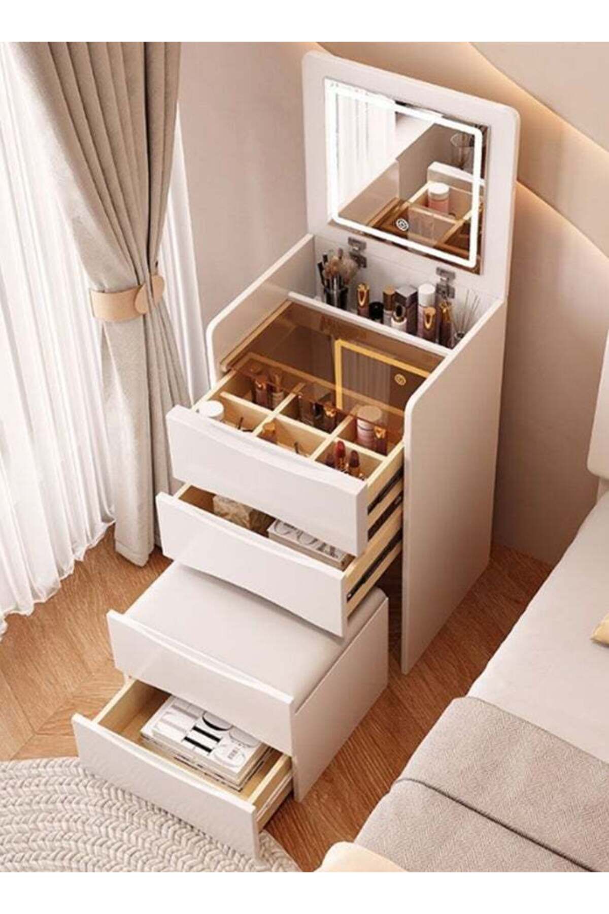 Dressing Table With Cabinet And Stool,Minimalist Vanity Desk with Flip Top Mirror and Lights,Corner Makeup Vanity Table With 3 Drawers,Cream Wind Multi-functional Bedside Table Storage Shelf