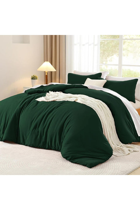 Cotton Duvet Cover 200 x 200 cm, Dark Green, Double, Plain Bedding Set with 2 Pillowcases