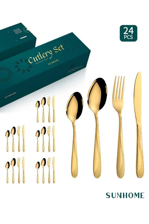 24-Piece Stainless Steel Cutlery Set Kitchen Utensil Set Western Tableware Suitable For Home Kitchen Restaurant Hotel Party Dining Picnic Dining Exquisite Packaging Gift Gold