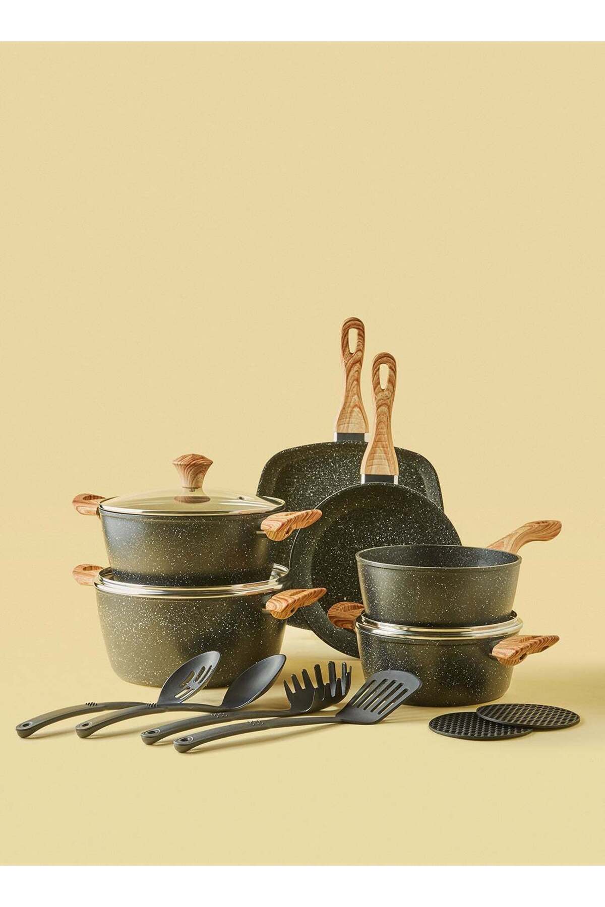 15-Piece 15 Piece Aluminum Cookware Set, Non-Stick Surface with Wood Finish Handles and Tempered Glass Lids