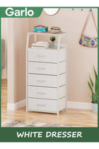White Dresser with 5 Drawers, Vertical Storage Tower Fabric Dresser for Bedroom, Hallway, Entryway, Nursery, Closet Organizer, Nightstand Bedside Table Furniture, Sturdy Steel Frame, Wood Top