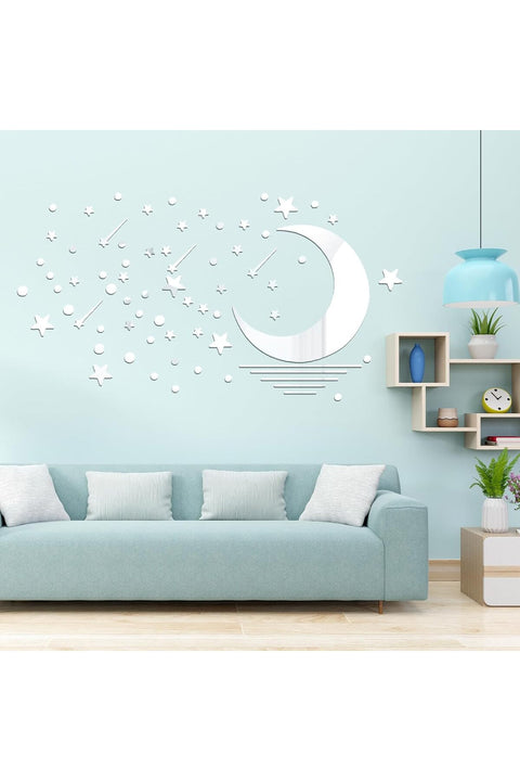 3D Acrylic Mirror, Star Wall Stickers, Moon Shooting Star, Silver Celestial Decals, 66Pcs Removable Self-Adhesive Reflective Art Mural for Home Living Room Bedroom Kids Nursery Classroom Decor Set