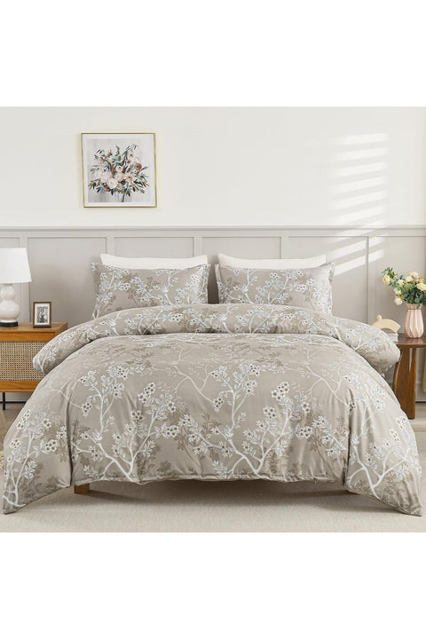 Khaki Double Duvet Cover Floral Bedding Set, Reversible Lightweight Leaves Duvet Cover Sets 3PCS with Zipper Closure (Double, 200x200cm)